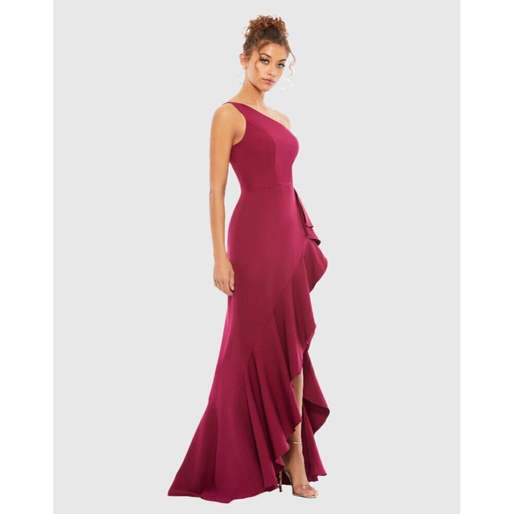 Mac Duggal Size 2 Berry 49089 One Shoulder Side Slit Ruffle Gown Dress  $358 New - Picture 2 of 12